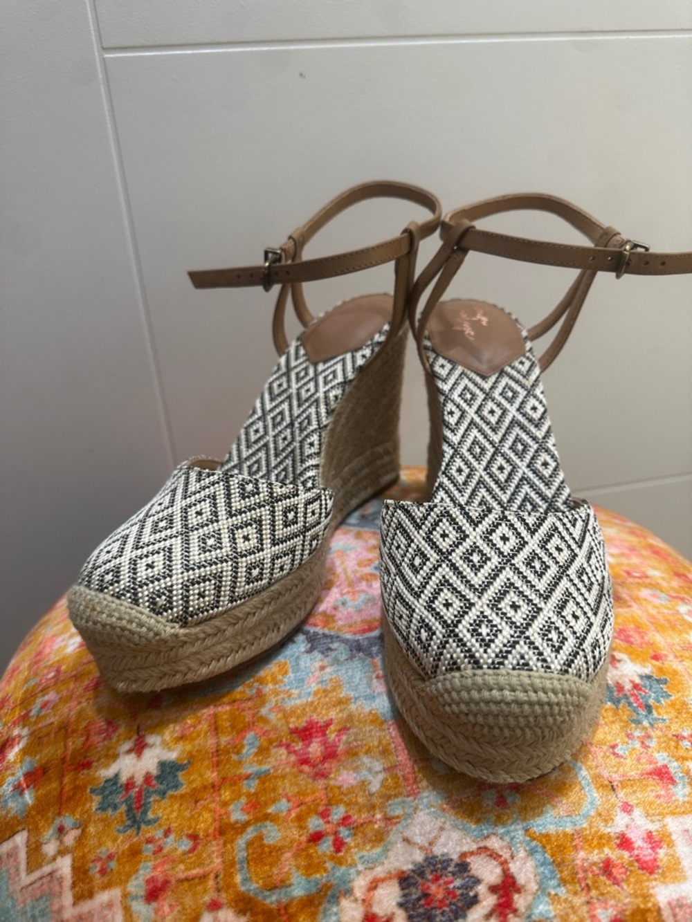 Crown Vintage Black & White Geometric Espadrille Wedge Sandals